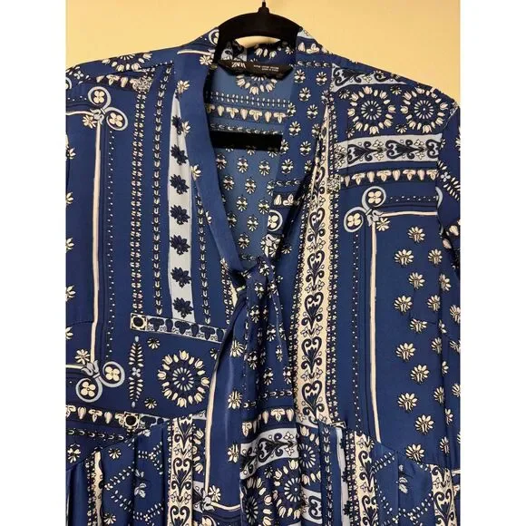 ZARA Patchwork Bandana Print Pleated Skirt Mini Dress w/ Necktie, Sz M - Picture 4 of 12